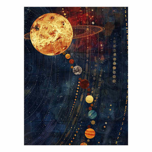 Celestial planet canvas art with navy and gold space design.