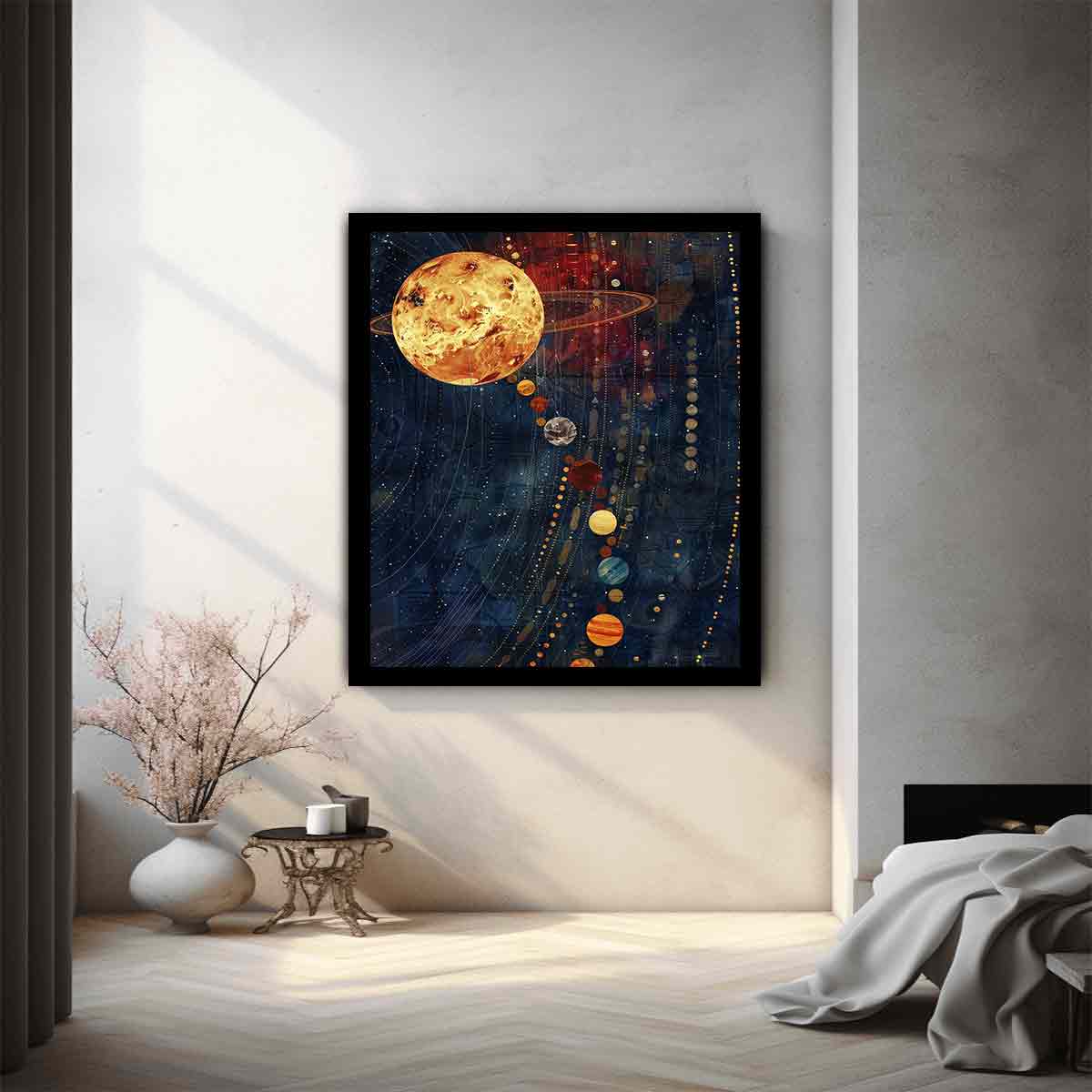 Celestial planet canvas art with navy and gold space design.