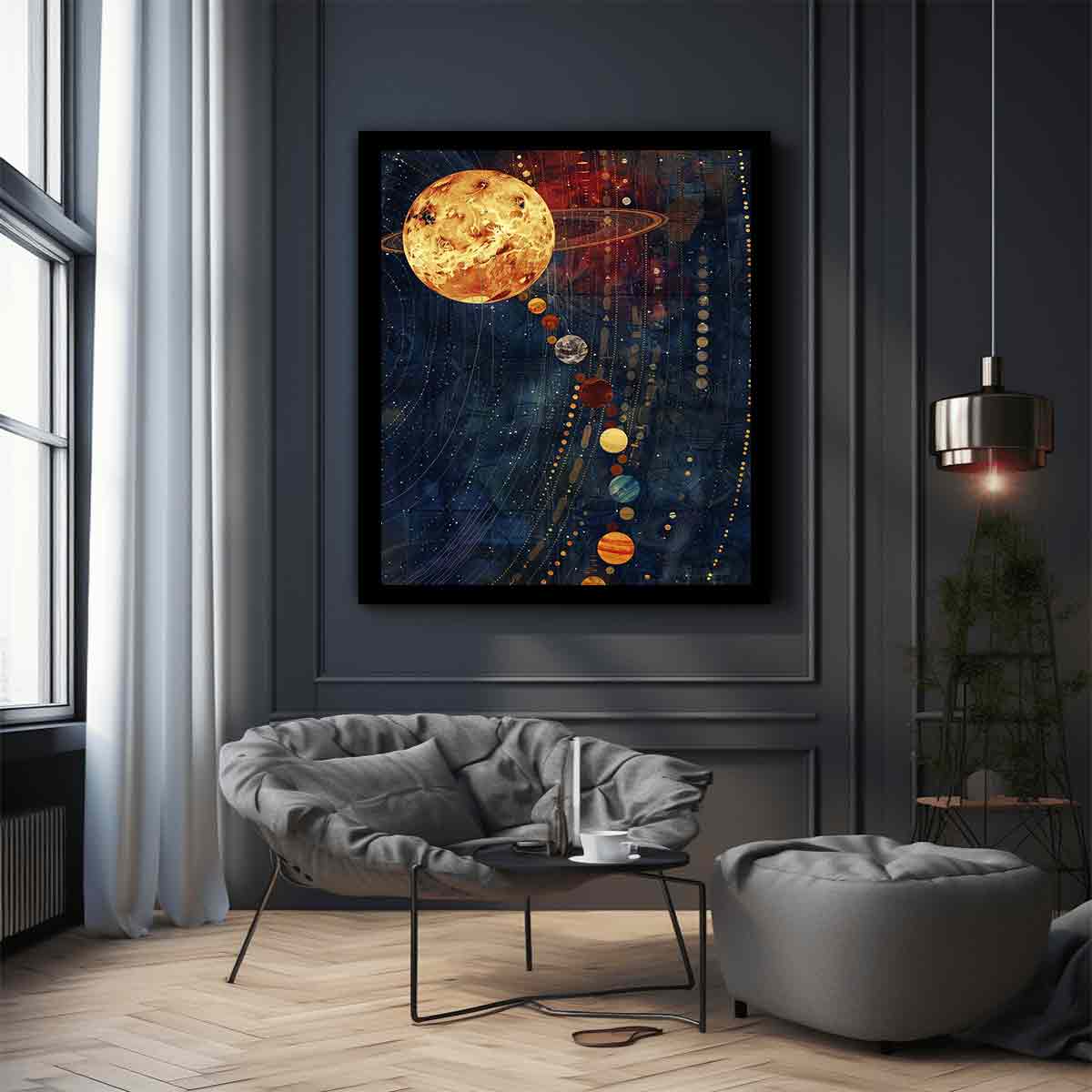 Celestial planet canvas art with navy and gold space design.