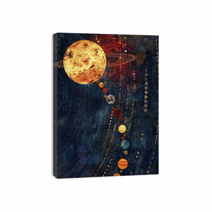 Celestial planet canvas art with navy and gold space design.
