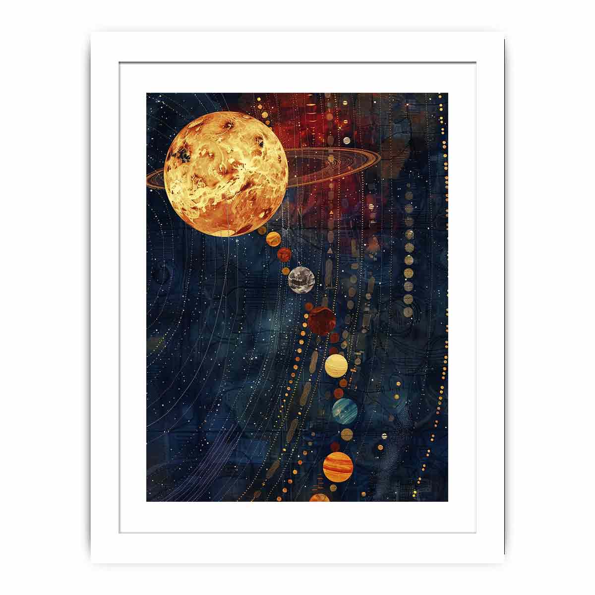 Celestial planet canvas art with navy and gold space design.