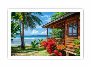 Tropical beach cottage canvas art with palm trees and ocean view for coastal living room decor.