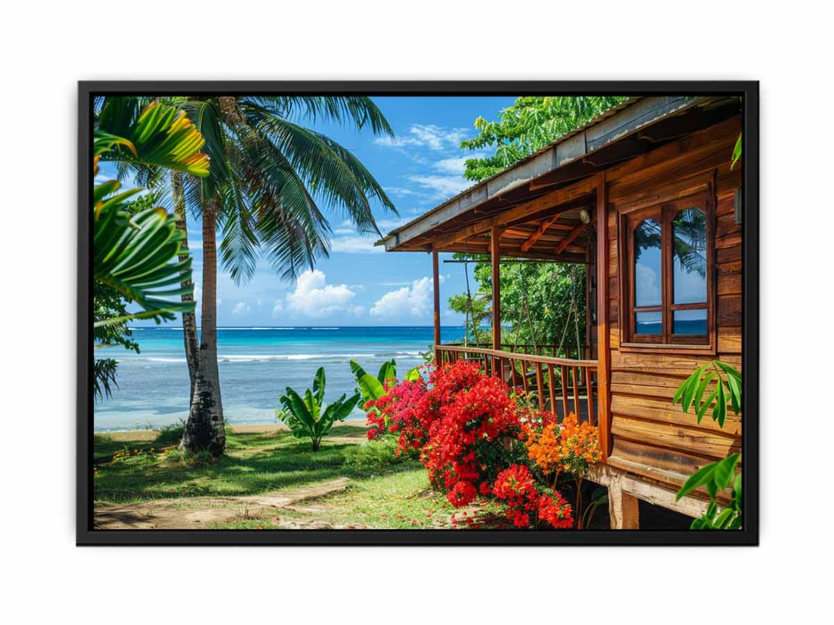 Tropical beach cottage canvas art with palm trees and ocean view for coastal living room decor.