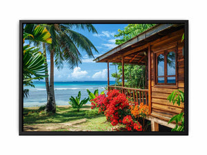 Tropical beach cottage canvas art with palm trees and ocean view for coastal living room decor.