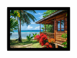 Tropical beach cottage canvas art with palm trees and ocean view for coastal living room decor.