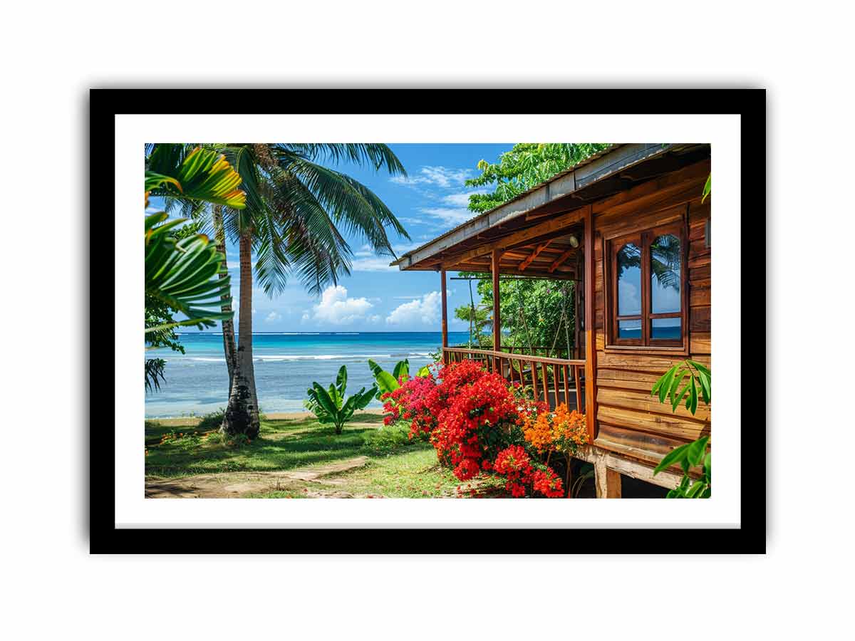 Tropical beach cottage canvas art with palm trees and ocean view for coastal living room decor.