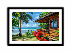 Tropical beach cottage canvas art with palm trees and ocean view for coastal living room decor.