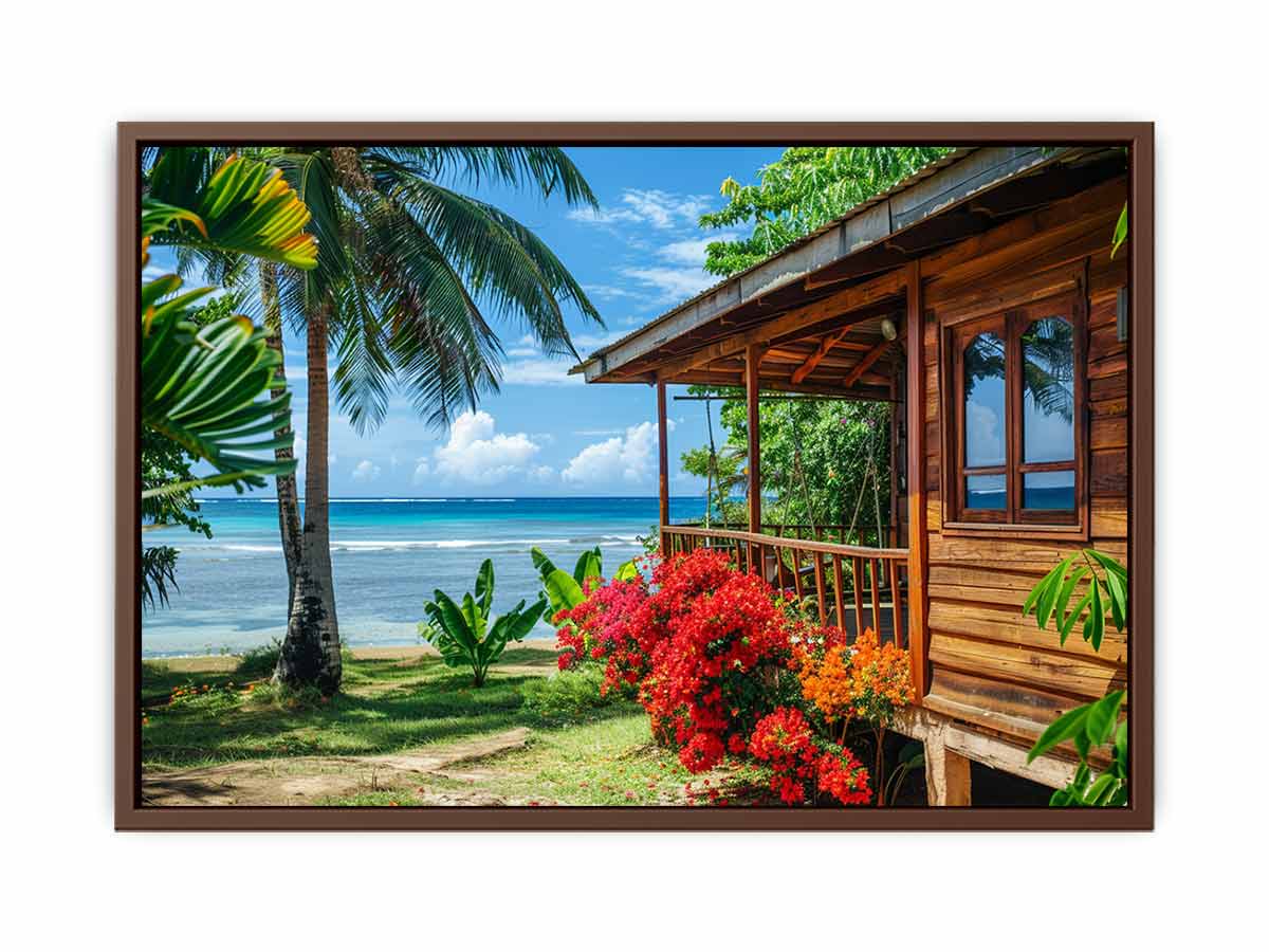 Tropical beach cottage canvas art with palm trees and ocean view for coastal living room decor.