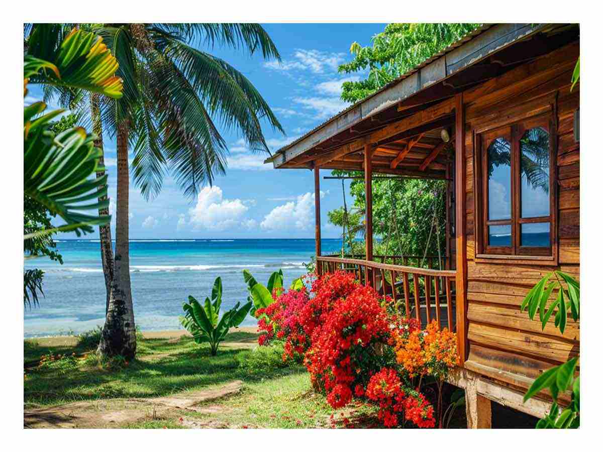 Tropical beach cottage canvas art with palm trees and ocean view for coastal living room decor.