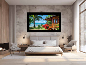 Tropical beach cottage canvas art with palm trees and ocean view for coastal living room decor.