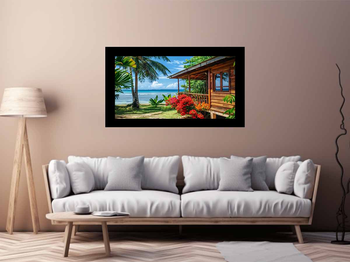 Tropical beach cottage canvas art with palm trees and ocean view for coastal living room decor.