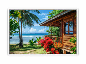 Tropical beach cottage canvas art with palm trees and ocean view for coastal living room decor.