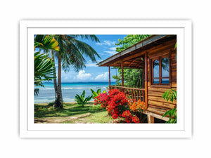 Tropical beach cottage canvas art with palm trees and ocean view for coastal living room decor.