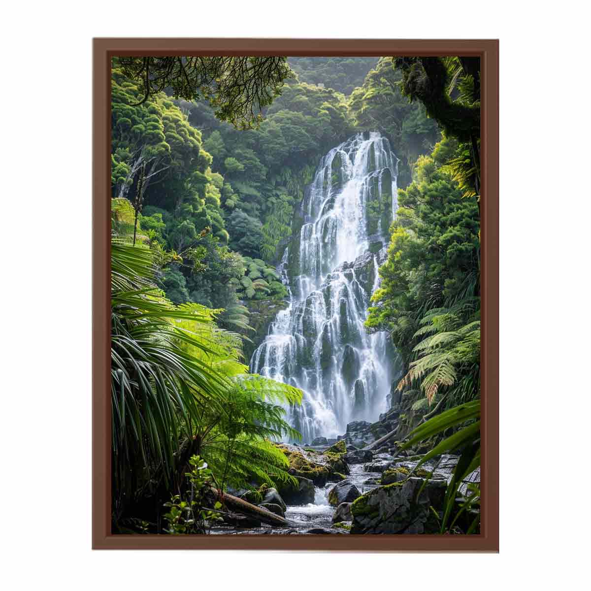 Vertical rainforest waterfall canvas art with lush green ferns for calming bedroom or office decor.