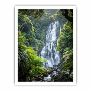 Vertical rainforest waterfall canvas art with lush green ferns for calming bedroom or office decor.