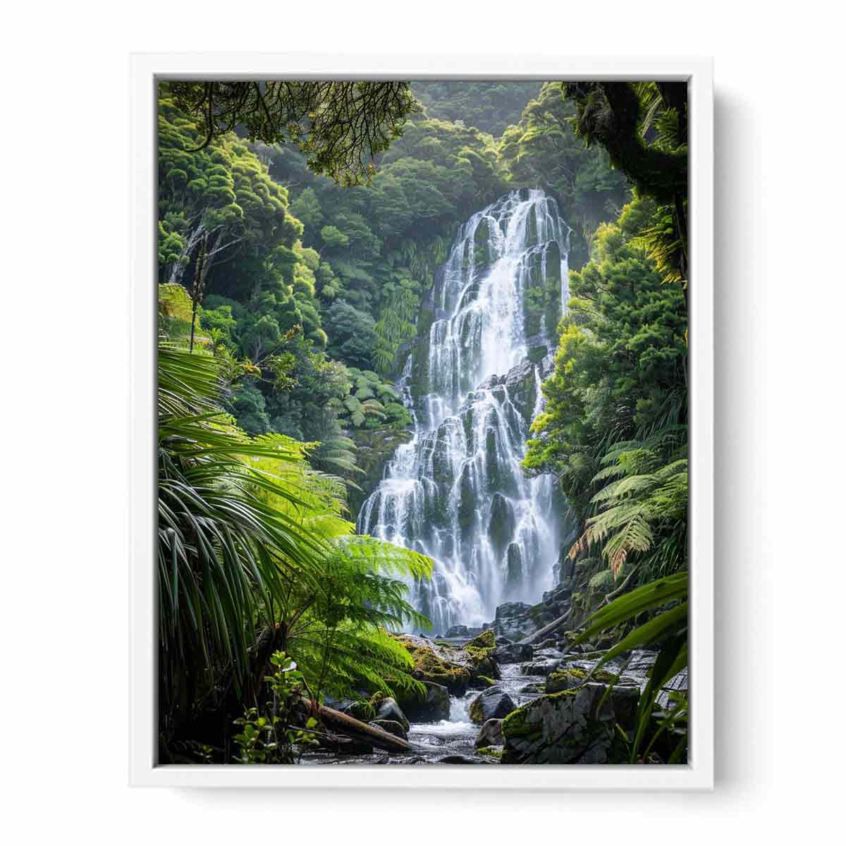 Vertical rainforest waterfall canvas art with lush green ferns for calming bedroom or office decor.