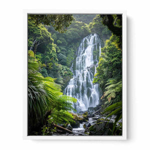 Vertical rainforest waterfall canvas art with lush green ferns for calming bedroom or office decor.