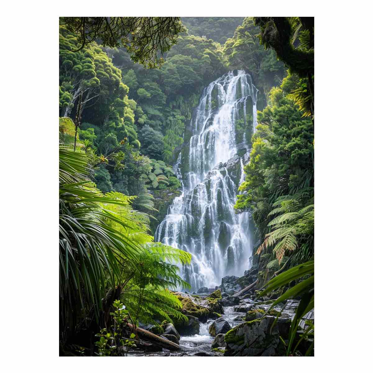 Vertical rainforest waterfall canvas art with lush green ferns for calming bedroom or office decor.