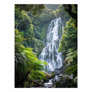 Vertical rainforest waterfall canvas art with lush green ferns for calming bedroom or office decor.