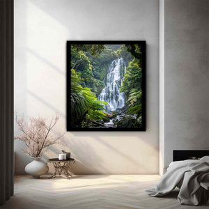 Vertical rainforest waterfall canvas art with lush green ferns for calming bedroom or office decor.
