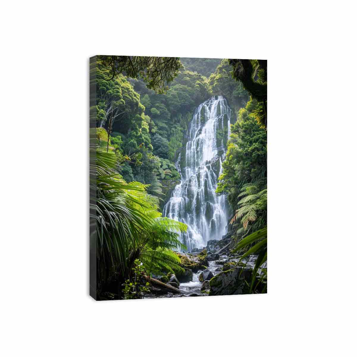 Vertical rainforest waterfall canvas art with lush green ferns for calming bedroom or office decor.