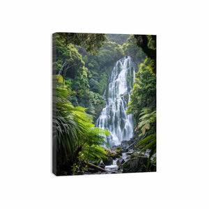 Vertical rainforest waterfall canvas art with lush green ferns for calming bedroom or office decor.