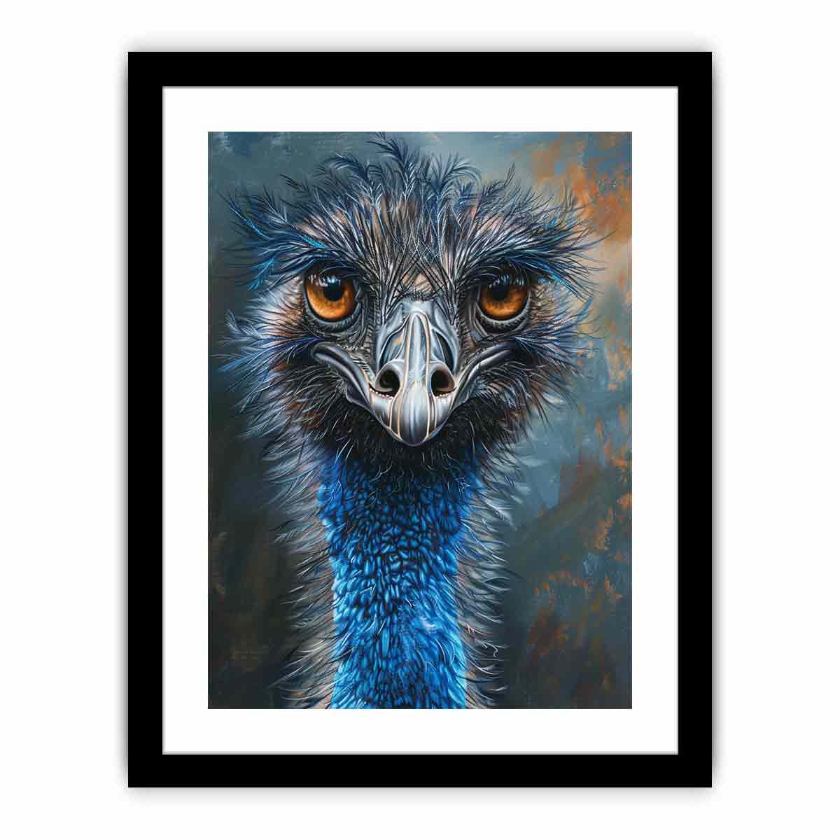 Expressive emu portrait canvas art with amber eyes and blue feathers for modern wall decor.