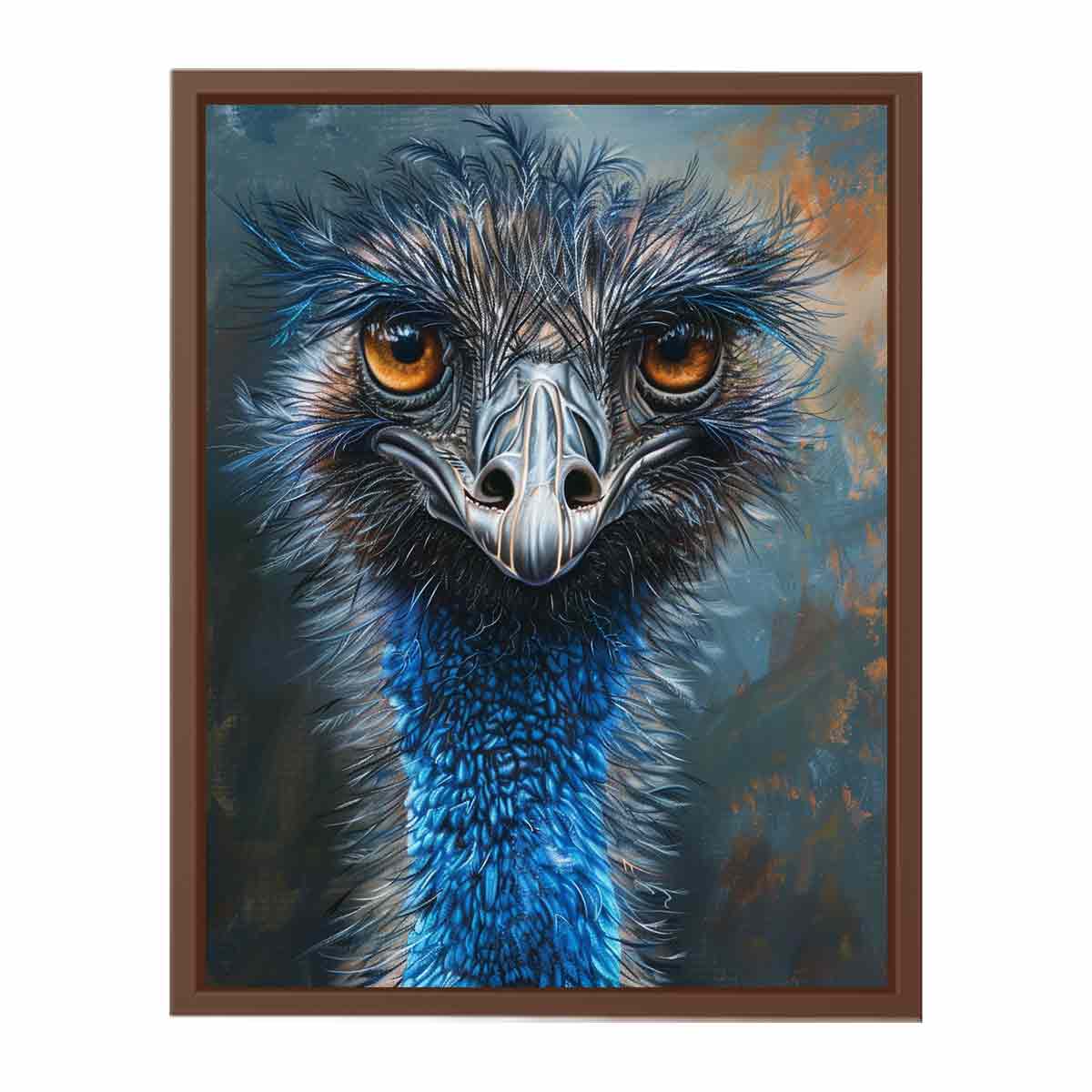 Expressive emu portrait canvas art with amber eyes and blue feathers for modern wall decor.