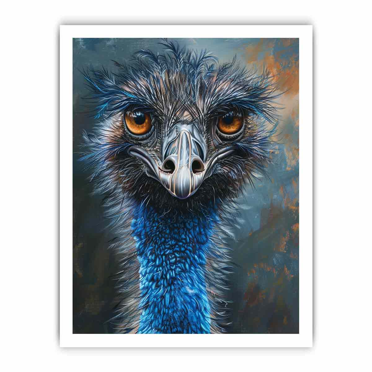 Expressive emu portrait canvas art with amber eyes and blue feathers for modern wall decor.