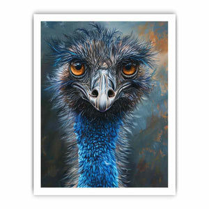 Expressive emu portrait canvas art with amber eyes and blue feathers for modern wall decor.