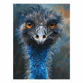 Expressive emu portrait canvas art with amber eyes and blue feathers for modern wall decor.