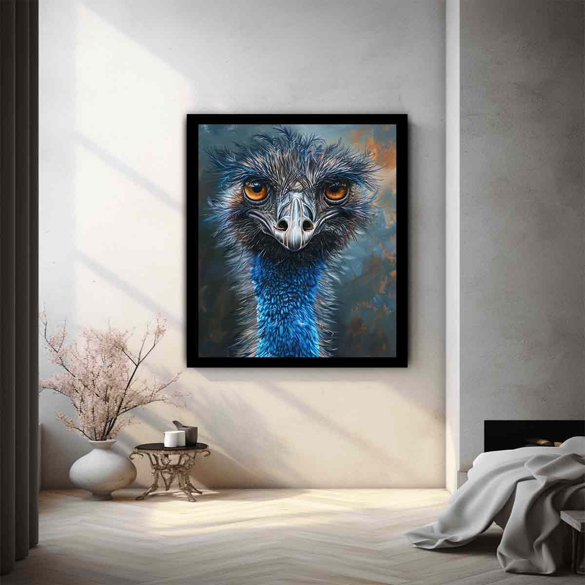 Expressive emu portrait canvas art with amber eyes and blue feathers for modern wall decor.