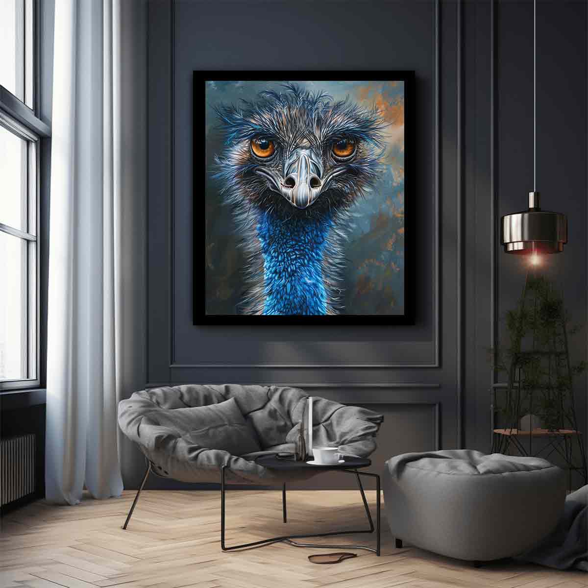 Expressive emu portrait canvas art with amber eyes and blue feathers for modern wall decor.