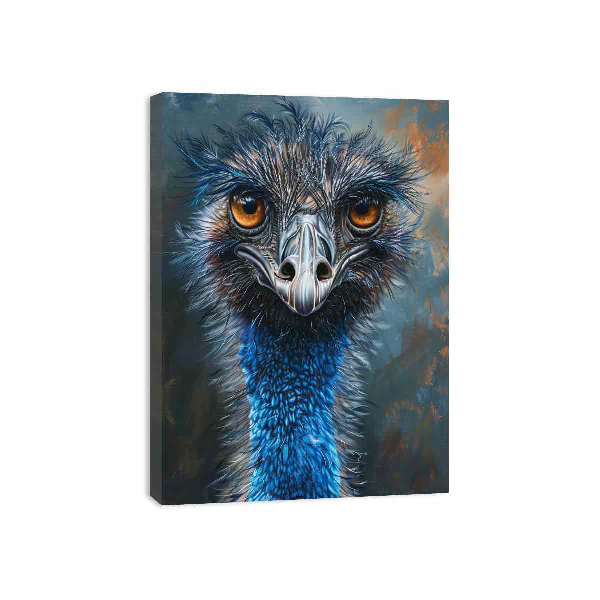 Expressive emu portrait canvas art with amber eyes and blue feathers for modern wall decor.