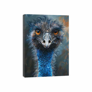 Expressive emu portrait canvas art with amber eyes and blue feathers for modern wall decor.