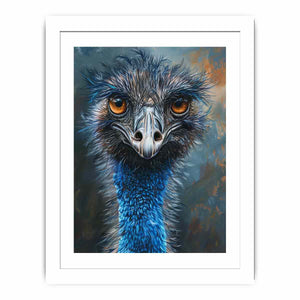 Expressive emu portrait canvas art with amber eyes and blue feathers for modern wall decor.