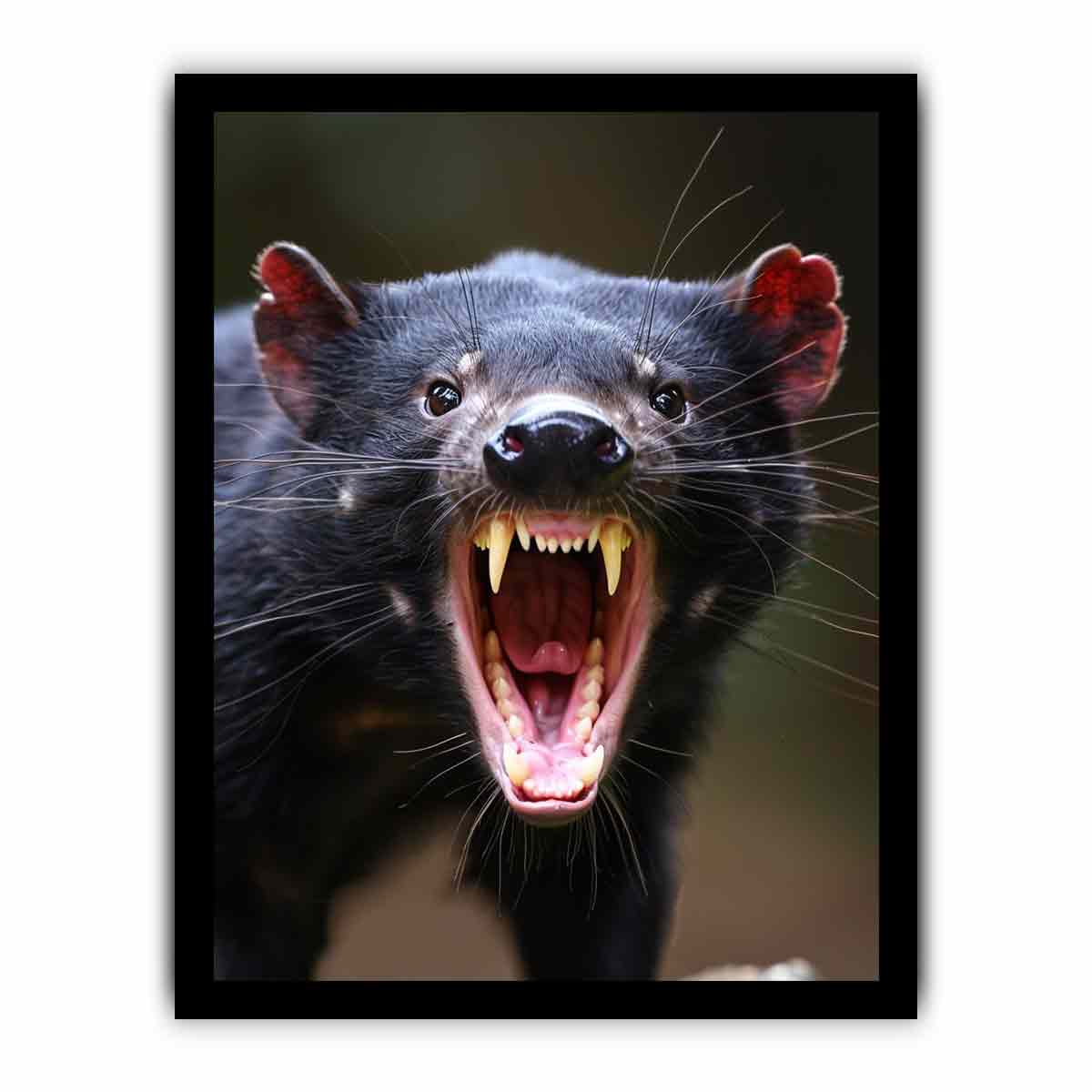 Dramatic Tasmanian devil portrait canvas art with open mouth for bold modern wall decor.