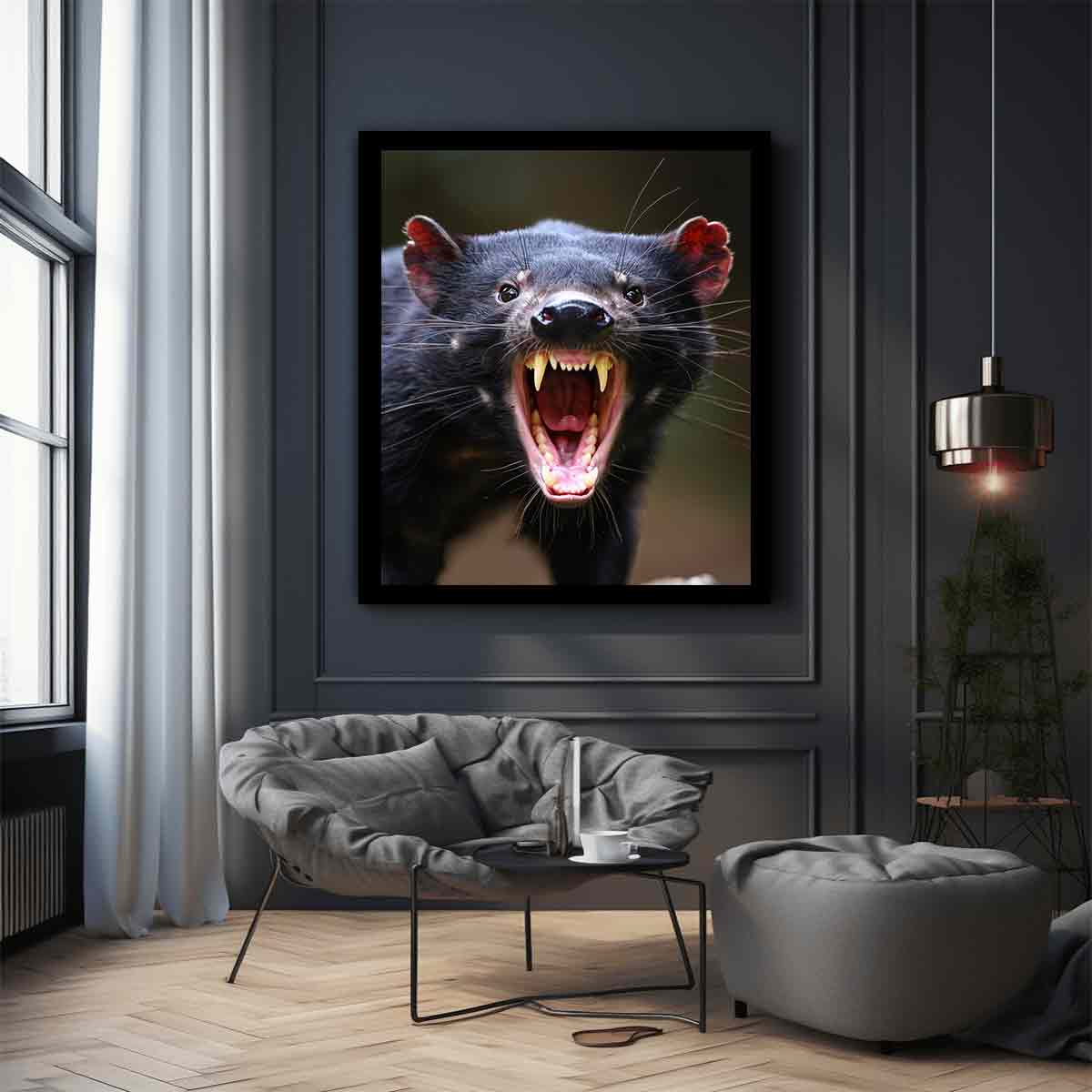 Dramatic Tasmanian devil portrait canvas art with open mouth for bold modern wall decor.