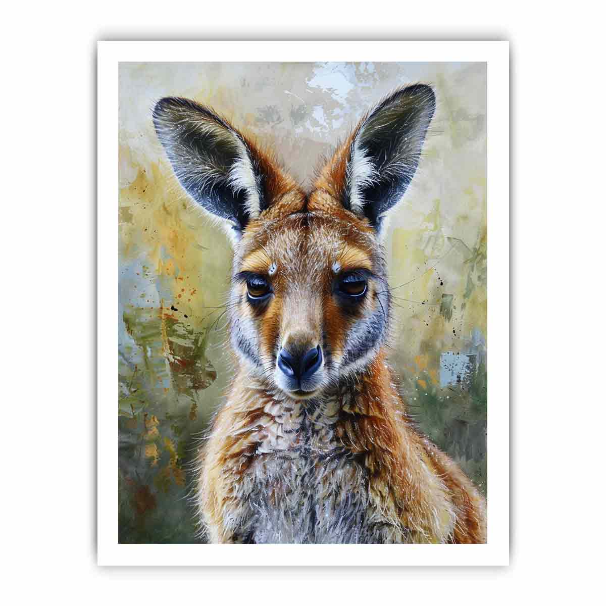 Soft kangaroo portrait canvas art with earthy tones for nursery bedroom or living room decor.