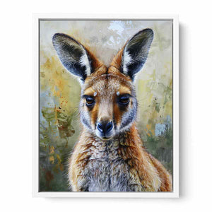 Soft kangaroo portrait canvas art with earthy tones for nursery bedroom or living room decor.