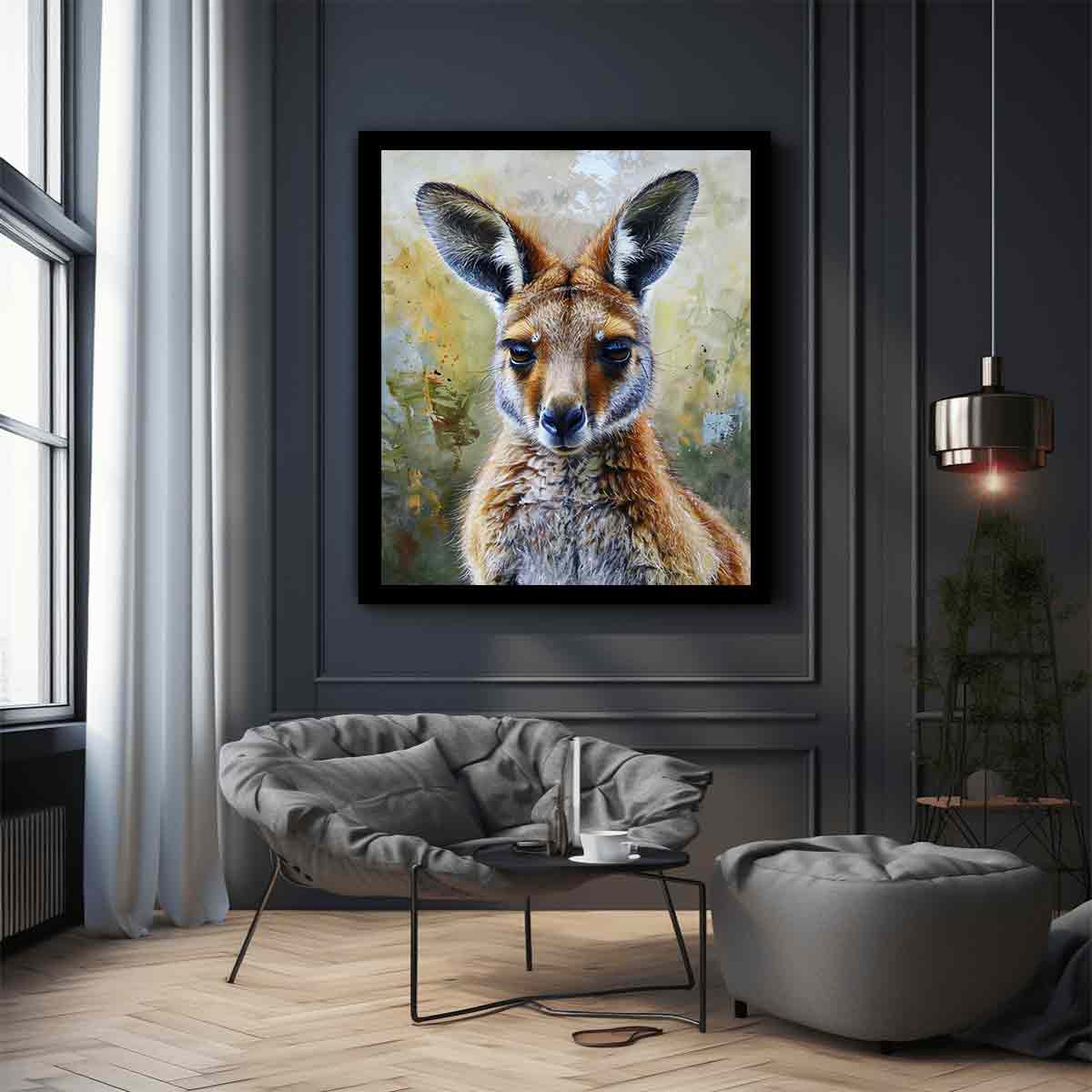 Soft kangaroo portrait canvas art with earthy tones for nursery bedroom or living room decor.