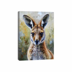 Soft kangaroo portrait canvas art with earthy tones for nursery bedroom or living room decor.