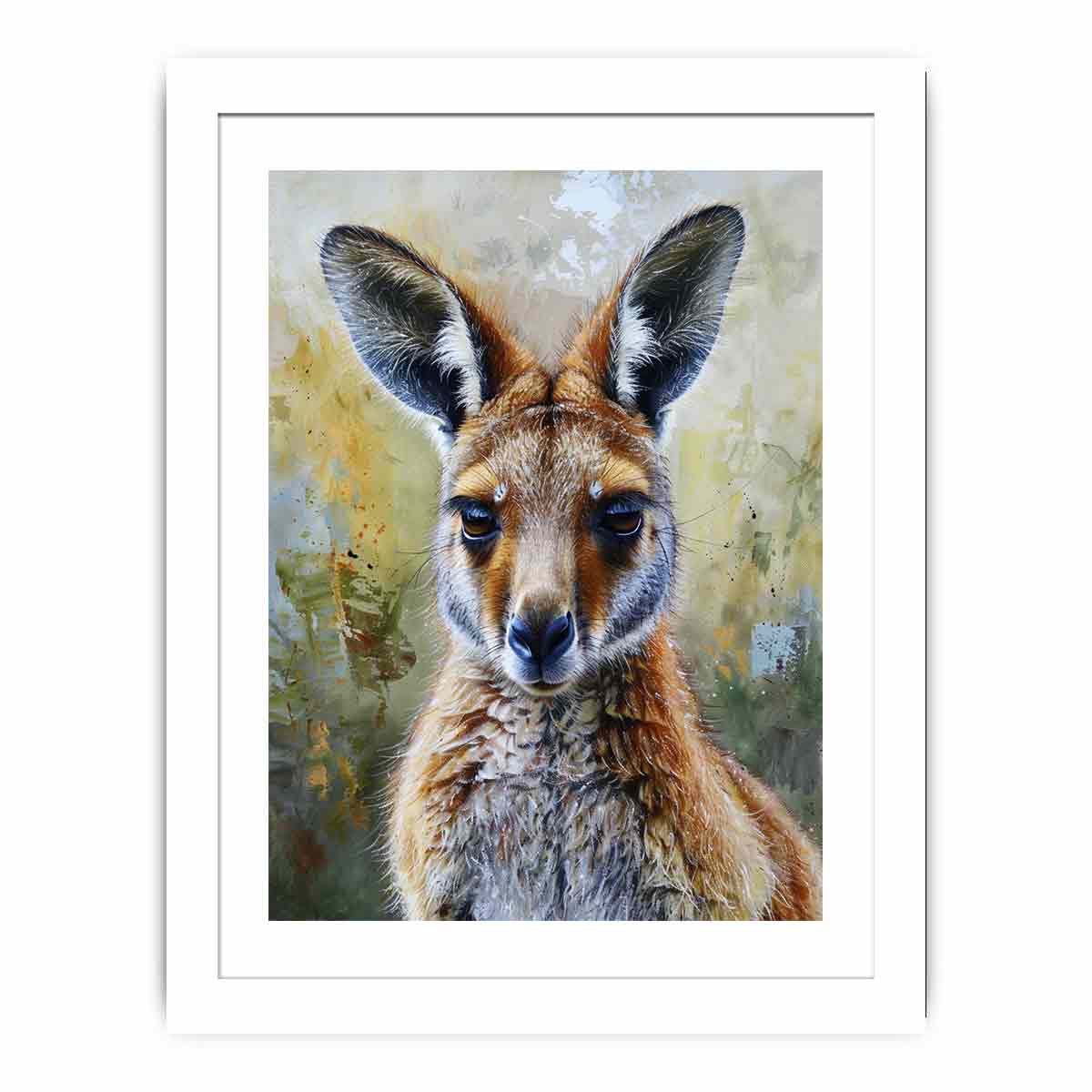 Soft kangaroo portrait canvas art with earthy tones for nursery bedroom or living room decor.