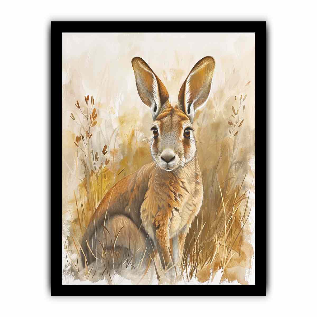 Golden kangaroo canvas art with soft grasses and neutral tones for nursery or bedroom decor.