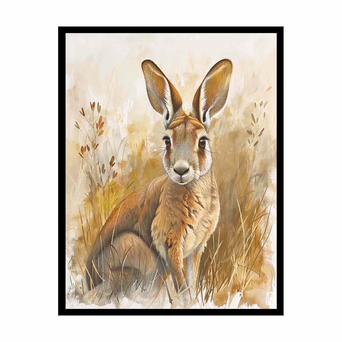 Golden kangaroo canvas art with soft grasses and neutral tones for nursery or bedroom decor.
