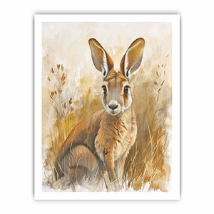 Golden kangaroo canvas art with soft grasses and neutral tones for nursery or bedroom decor.
