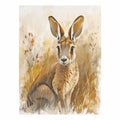 Golden kangaroo canvas art with soft grasses and neutral tones for nursery or bedroom decor.