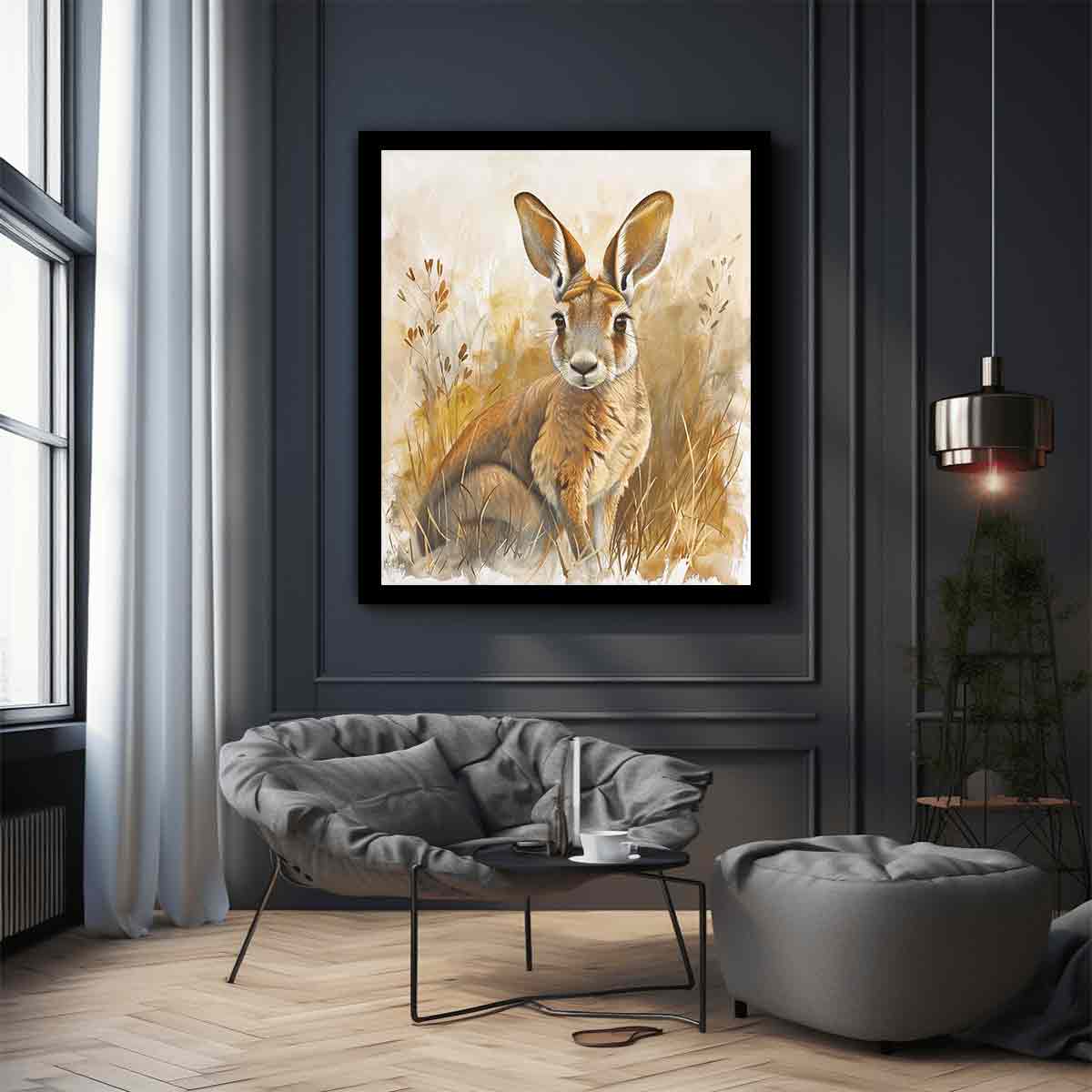 Golden kangaroo canvas art with soft grasses and neutral tones for nursery or bedroom decor.