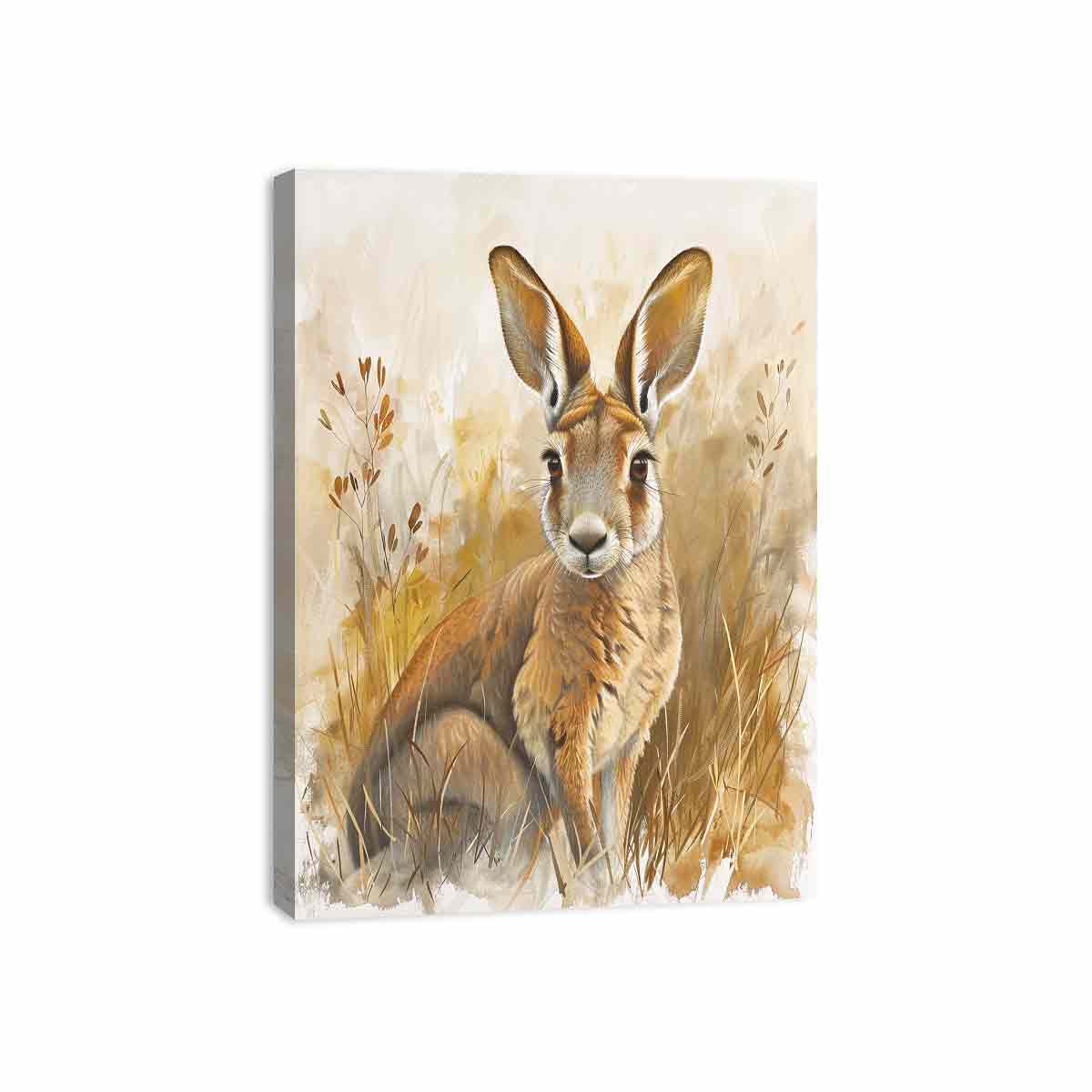 Golden kangaroo canvas art with soft grasses and neutral tones for nursery or bedroom decor.