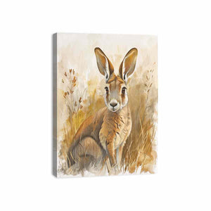 Golden kangaroo canvas art with soft grasses and neutral tones for nursery or bedroom decor.
